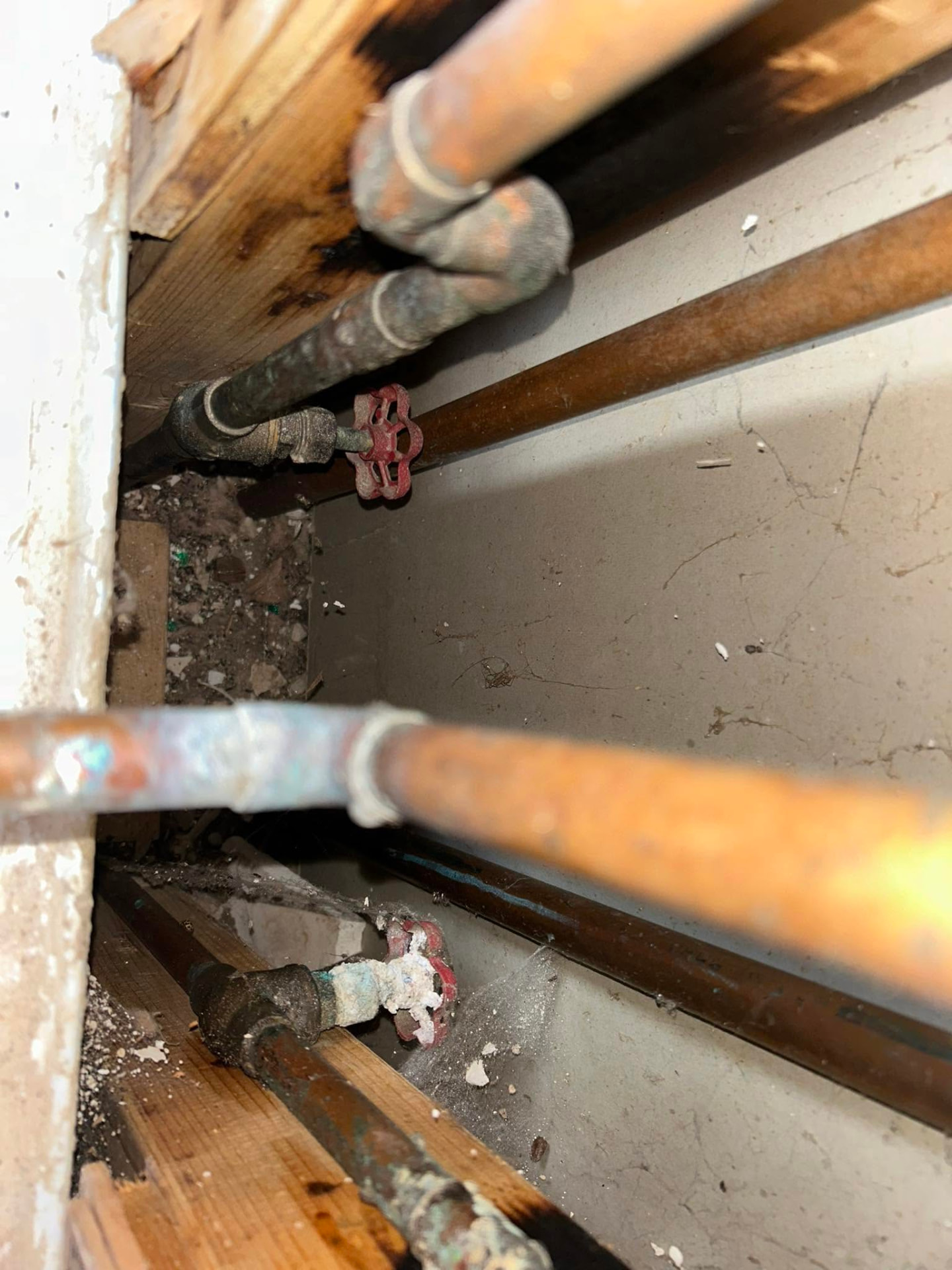 Old galvanized supply lines and shutoff valves before a plumbing replacement